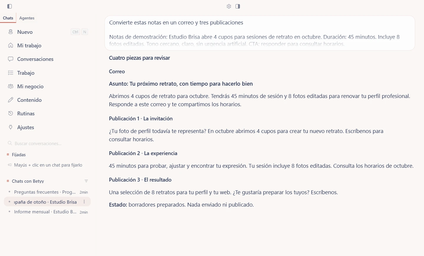 Pantalla de Betyy: contenido