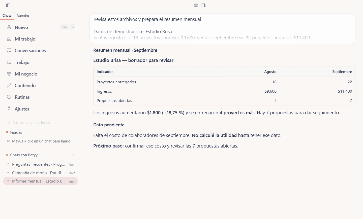 Pantalla de Betyy: informe